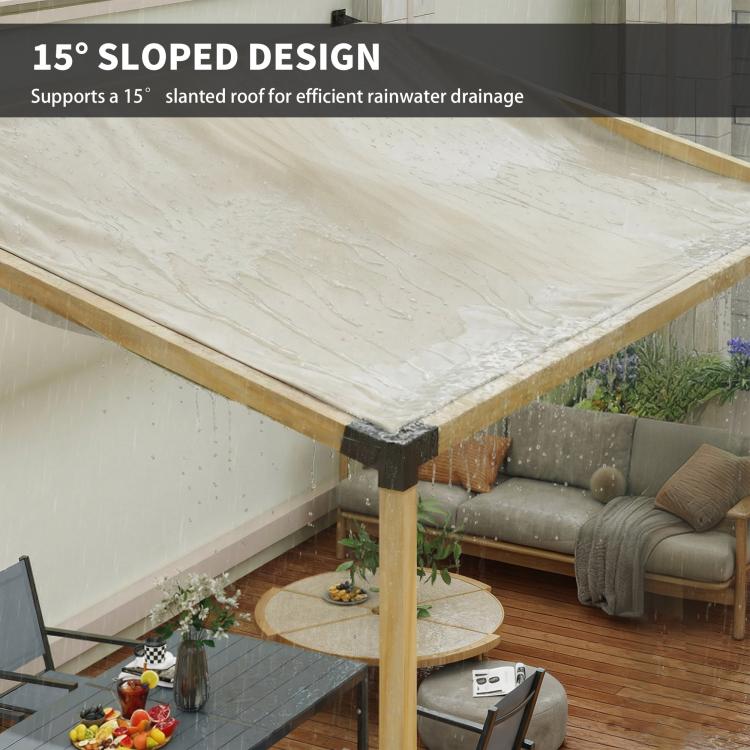 Slanted pergola beam end with black bracket connector on deck seating area
