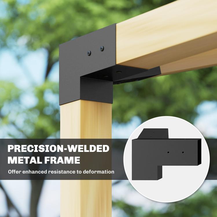 Welded black metal pergola bracket attaching to a light wood beam with bolt holes