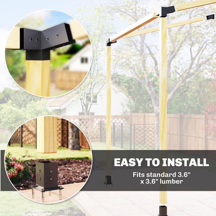 Pergola bracket kit installation view with black connectors on light wood posts and beams