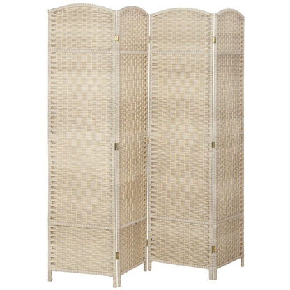 Light beige woven 4-panel folding room divider screen, arched top, freestanding