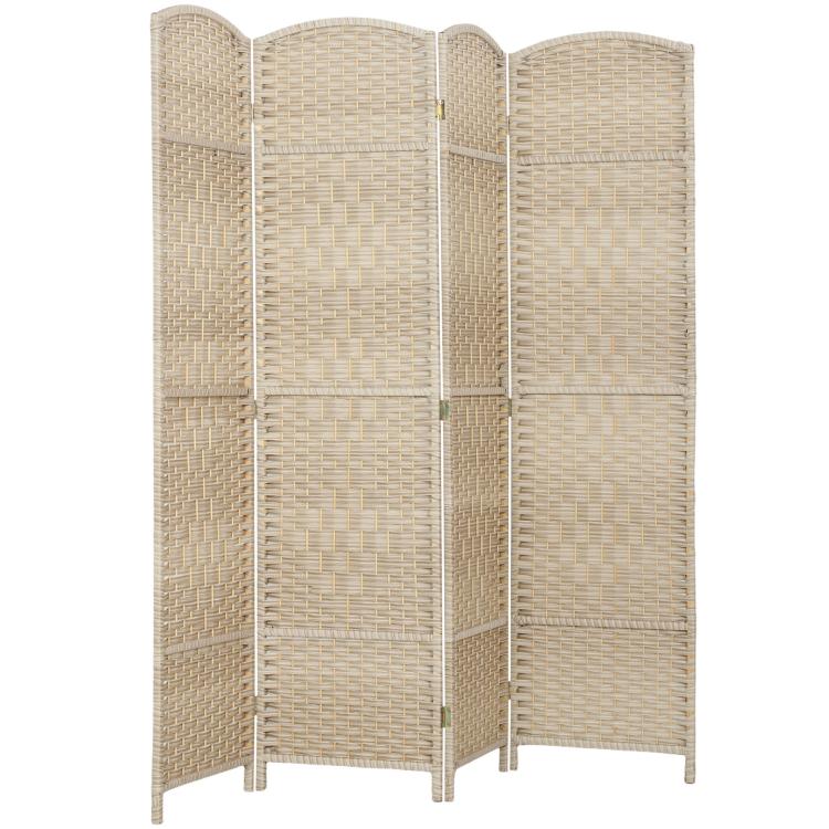 Light beige woven 4-panel folding room divider screen, curved panels, freestanding