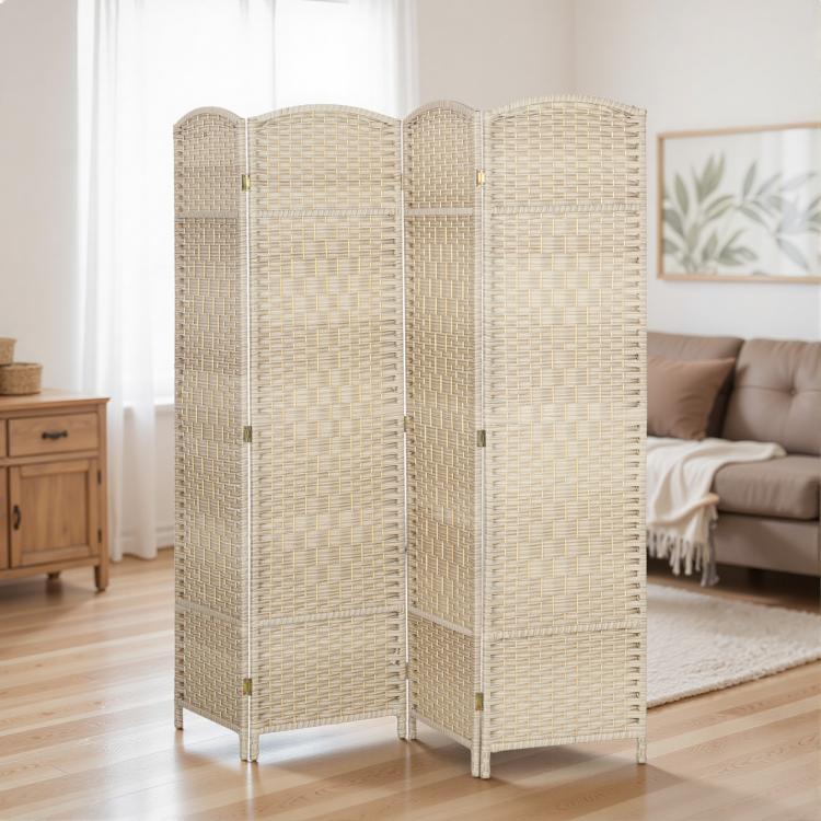 4-panel folding room divider privacy screen, washed oak tone, woven panels