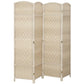 Freestanding 4-panel folding privacy screen with woven wood panels in light washed oak