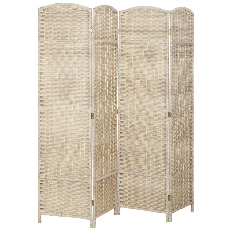 Freestanding 4-panel folding privacy screen with woven wood panels in light washed oak