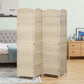Light beige 4-panel folding privacy screen standing in a bedroom setting, freestanding