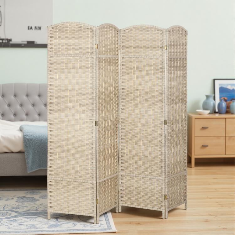 Light beige 4-panel folding privacy screen standing in a bedroom setting, freestanding
