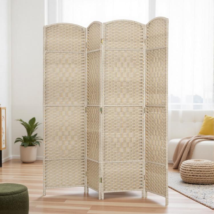 Light beige 4-panel folding room divider screen with arched tops, freestanding
