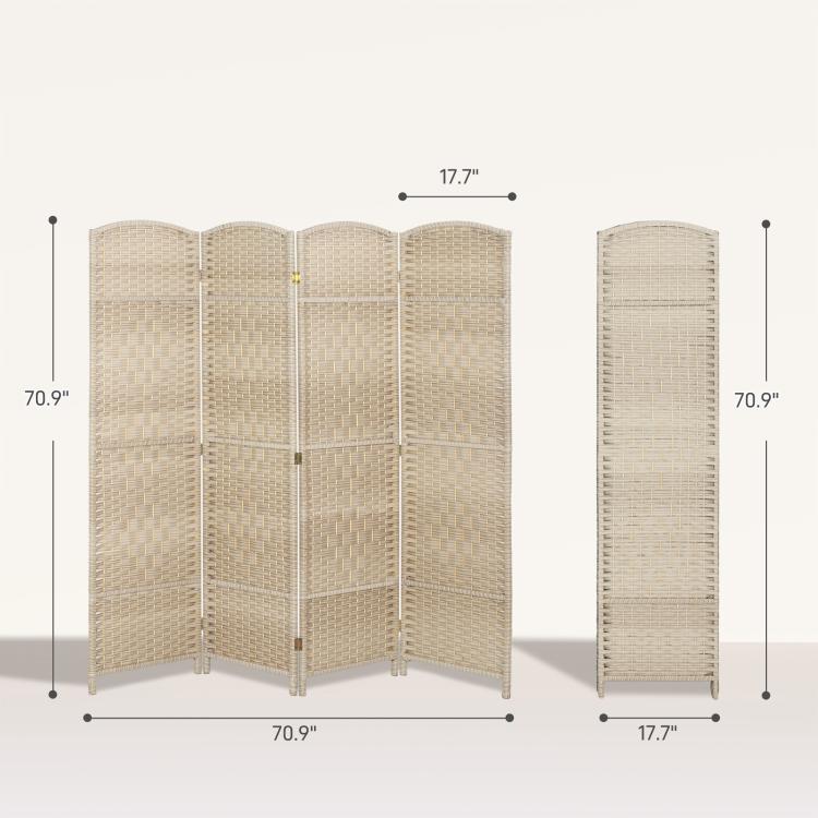 Light beige 4-panel folding room divider screen with overall size diagram shown