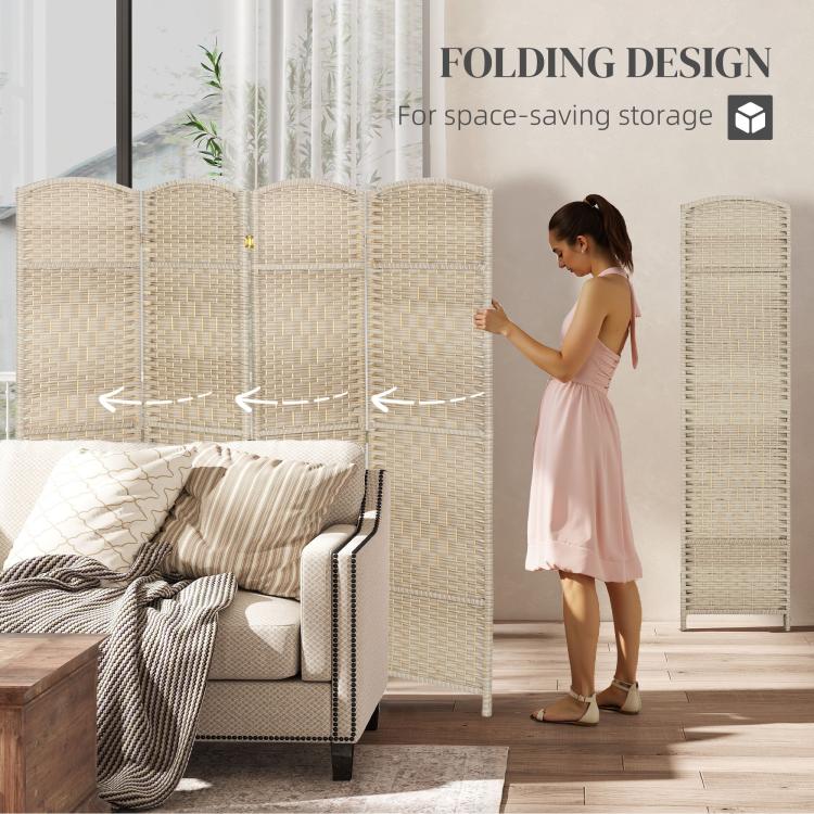 Light beige 4-panel folding divider screen for privacy, shown in a room with a person