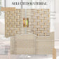 Close-up of light beige woven 4-panel divider screen hinge and connector hardware