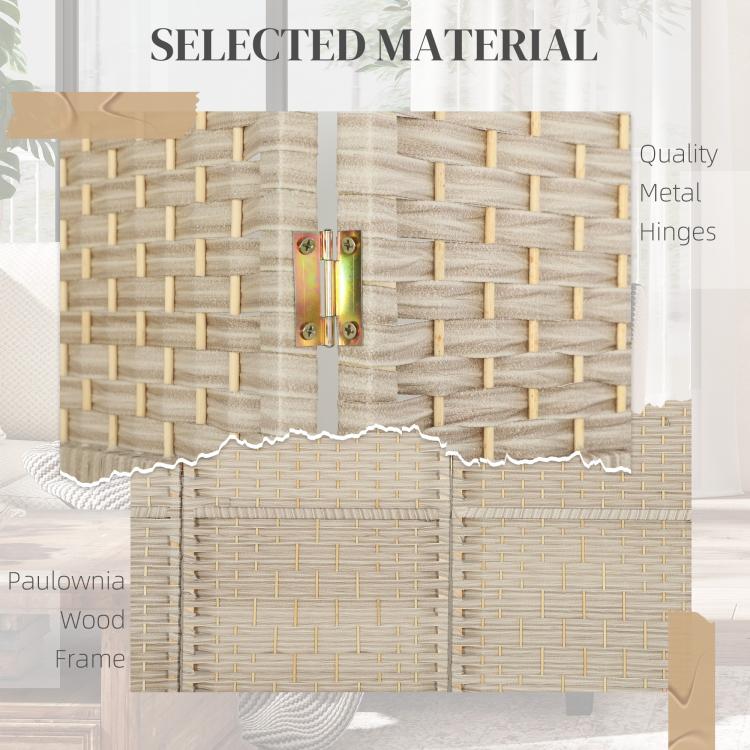 Close-up of light beige woven 4-panel divider screen hinge and connector hardware