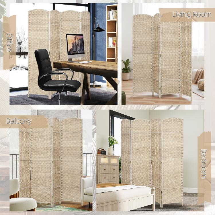 Light beige 4-panel folding room divider screen displayed in multiple home spaces