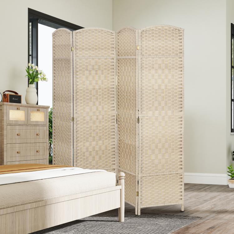 Light beige woven 4-panel folding privacy divider screen beside a bed, freestanding