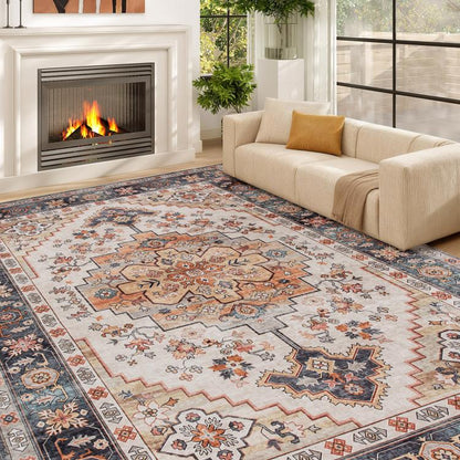 Tawny brown boho medallion area rug with multicolor floral and geometric border