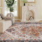 Machine-washable boho medallion area rug, cream ground with blue and orange accents