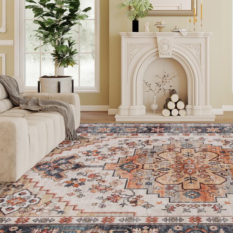 Machine-washable boho medallion area rug, cream ground with blue and orange accents