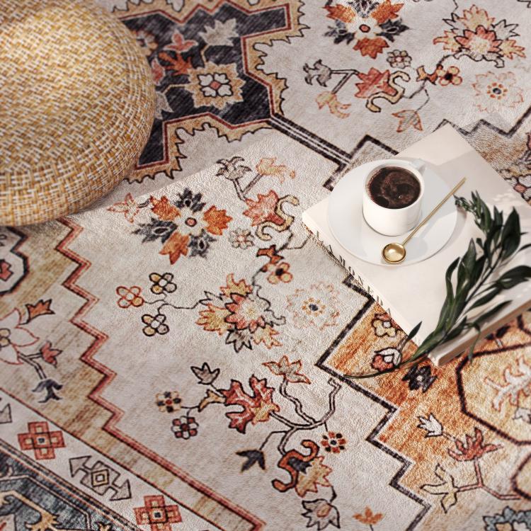 Boho medallion area rug with beige floral geometric pattern, tawny and navy, close-up