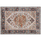 Rectangular boho area rug with center medallion and floral geometric border, beige and navy