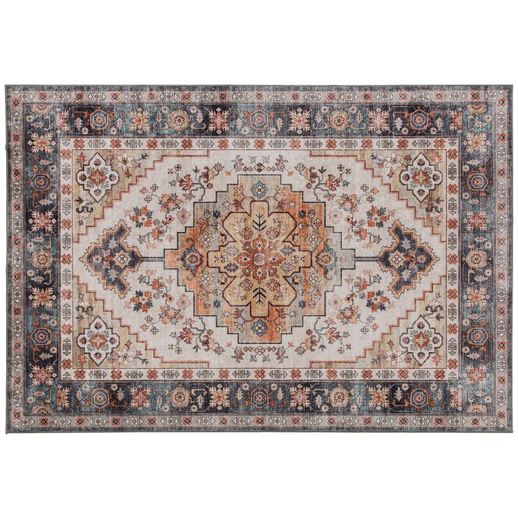 Rectangular boho area rug with center medallion and floral geometric border, beige and navy