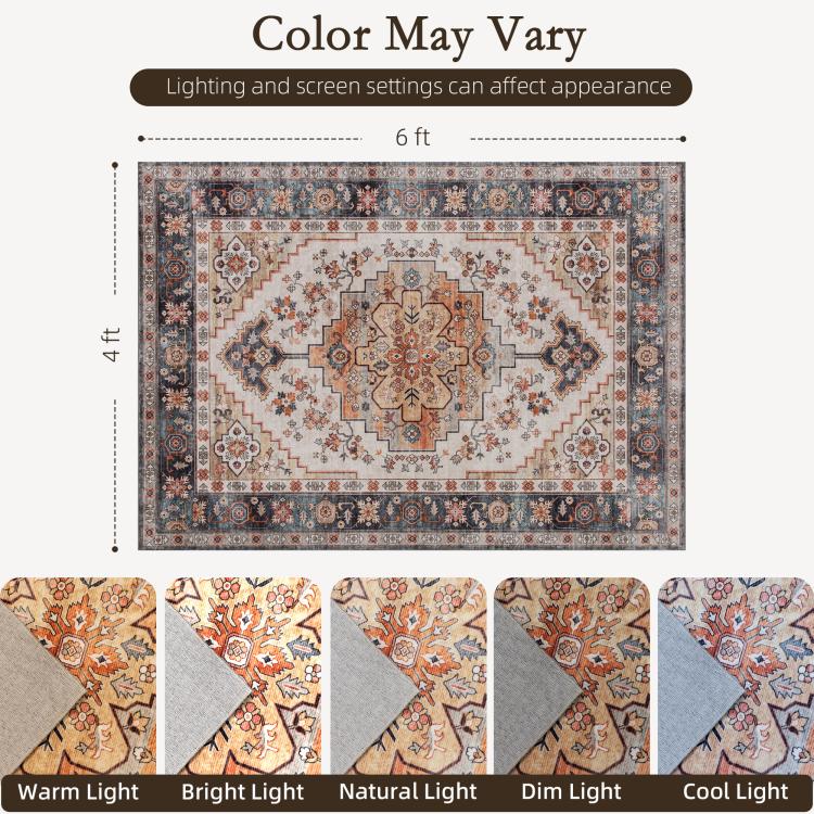Flat lay of boho medallion area rug, cream background with orange and blue motifs