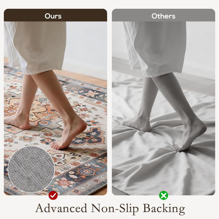 Boho medallion area rug showing non-slip backing comparison with multicolor border