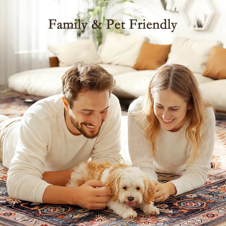 Family-friendly boho medallion area rug with cream base and warm orange and navy pattern