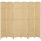 Beige 6-panel folding privacy screen with woven panels and slender vertical frames