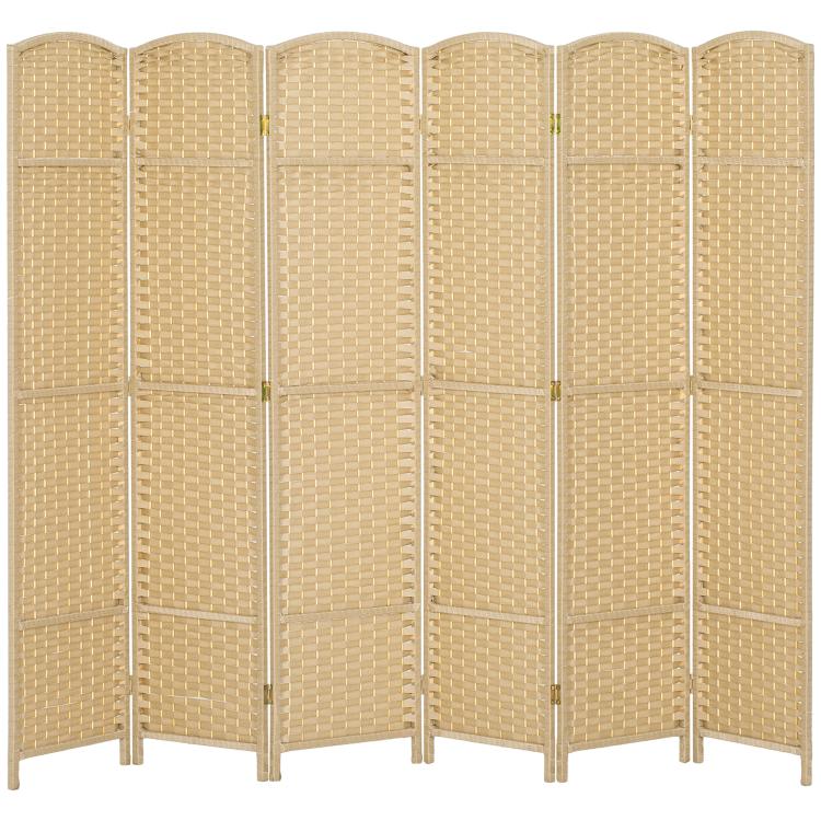 Beige 6-panel folding privacy screen with woven panels and slender vertical frames