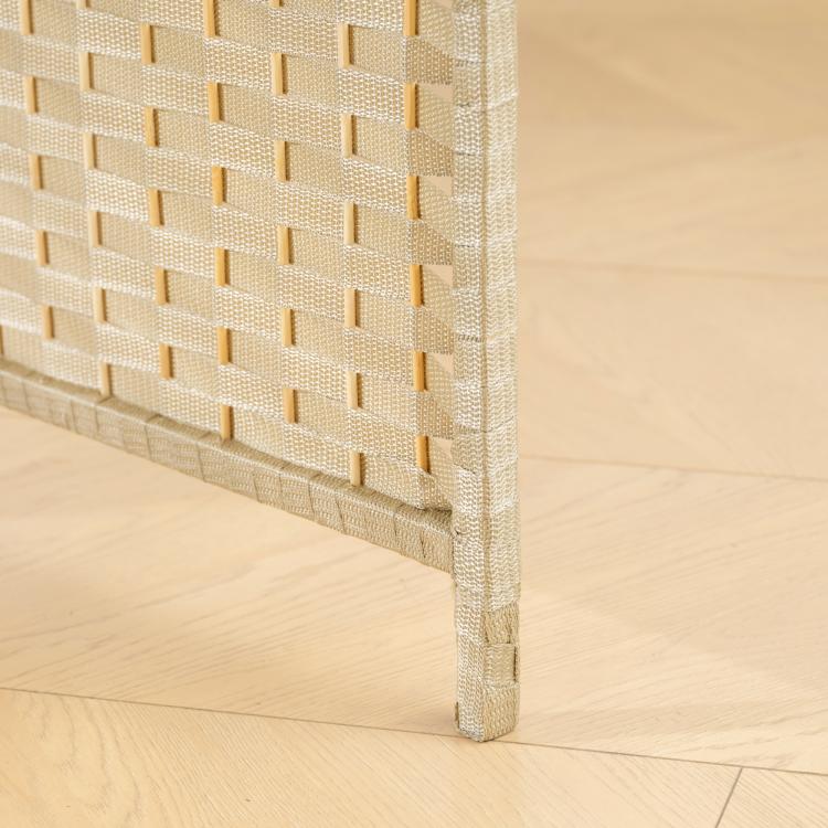 Beige 6-panel room divider screen with woven texture and sturdy corner legs
