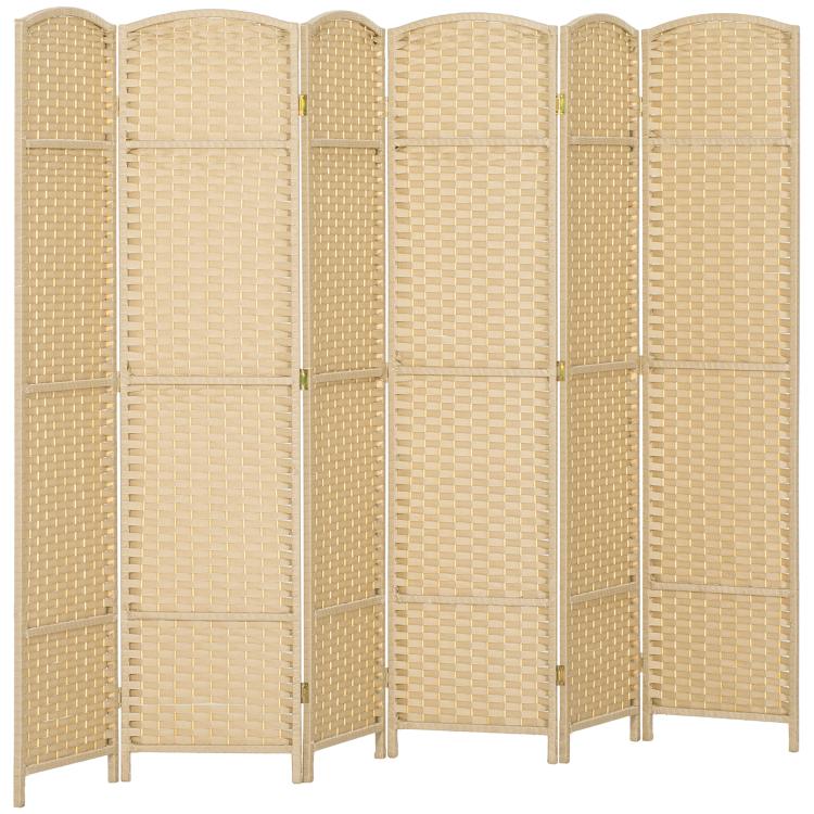 Beige folding 6-panel privacy room divider screen, freestanding with woven panels