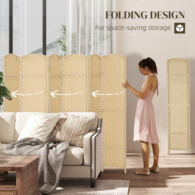 Beige 6-panel folding room divider privacy screen with woven panels and arched profile