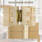 Beige woven room divider with gold metal hinges and solid wood frame
