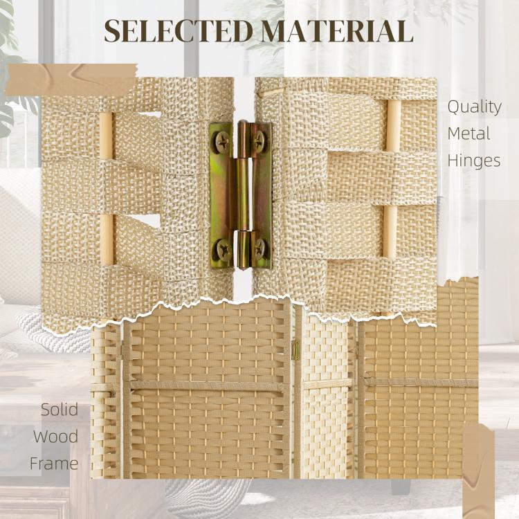 Beige woven room divider with gold metal hinges and solid wood frame