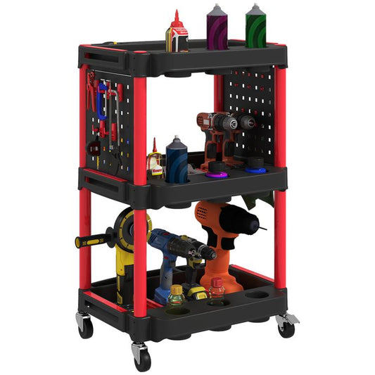 Black and red 3-tier rolling tool cart with side shelves, pegboard panels, and caster wheels.