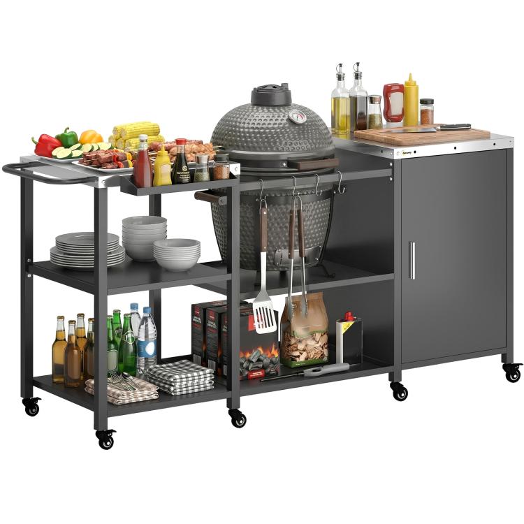 Black metal BBQ prep table with stainless steel top, open shelves, storage cabinet, casters