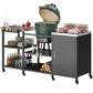Black BBQ prep table with stainless top and side cabinet, open shelving, prep tools