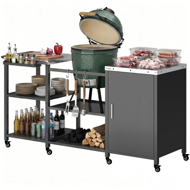 Black BBQ prep table with stainless top and side cabinet, open shelving, prep tools