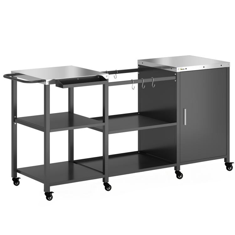 Black rolling BBQ prep table with stainless top, open shelves, and storage cabinet doors