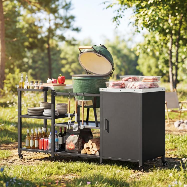 Outdoor black BBQ prep table with stainless top, cabinet doors, shelves and side handles