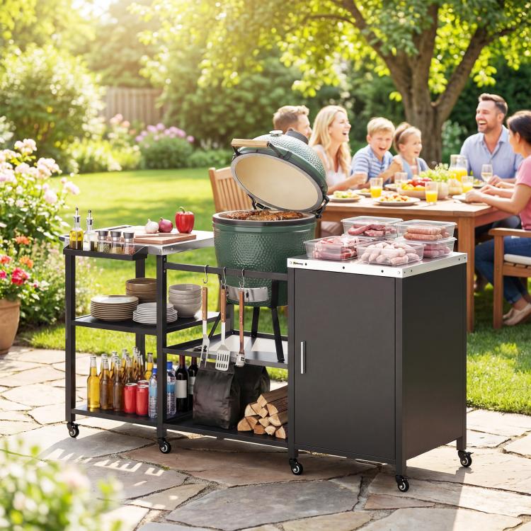Black metal BBQ prep station with stainless top, open shelves, cabinet door and wheels