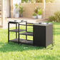 Black BBQ prep table with two-tier open shelving and side cabinet, outdoor size view