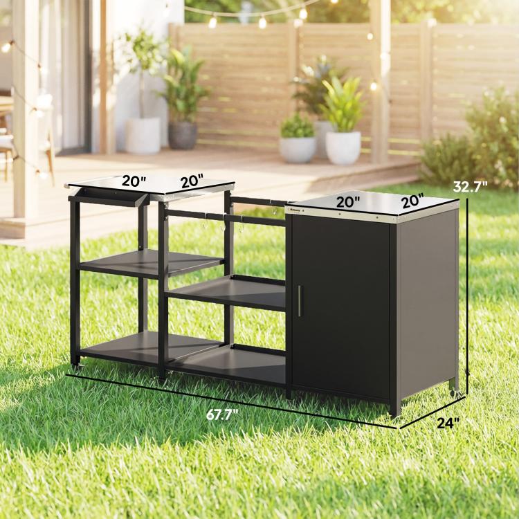 Black BBQ prep table with two-tier open shelving and side cabinet, outdoor size view