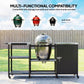 Black BBQ table with stainless top and side cabinet, front shelf frame, swivel casters