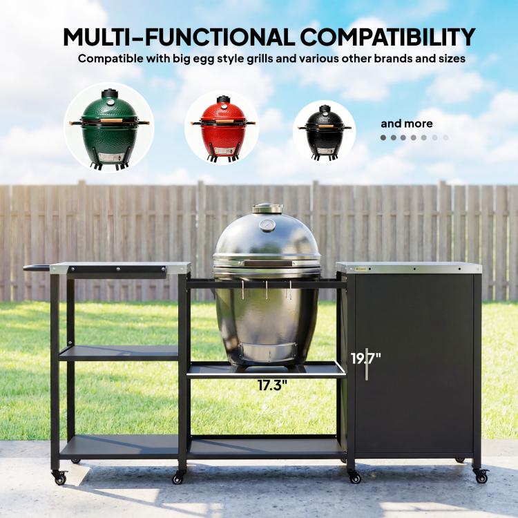 Black BBQ table with stainless top and side cabinet, front shelf frame, swivel casters