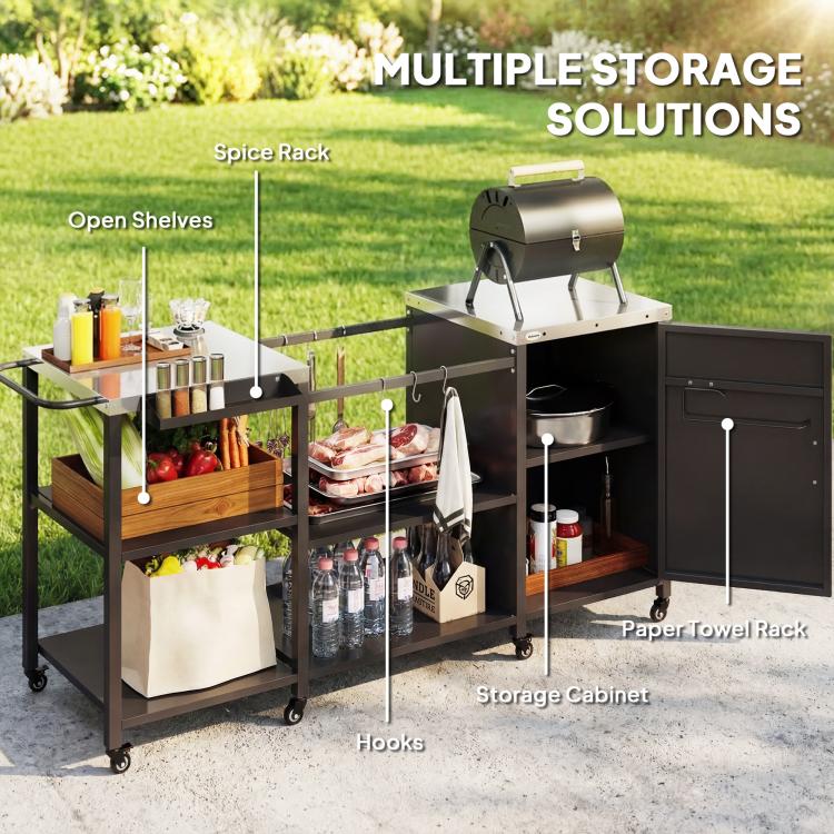 Black BBQ prep table with storage cabinet, hooks, open shelves and side racks