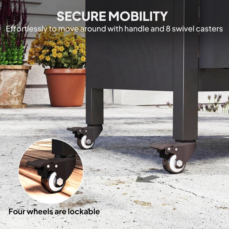 Black BBQ table on lockable swivel casters, cabinet legs and wheeled base