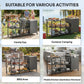 Black BBQ prep table in outdoor dining, multi-tier shelves and storage cabinet