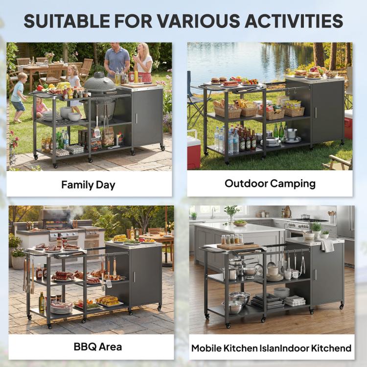 Black BBQ prep table in outdoor dining, multi-tier shelves and storage cabinet