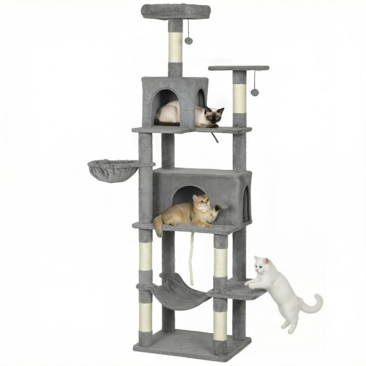 Dark gray multi-level cat tree with two condos, hammocks, and dangling toys