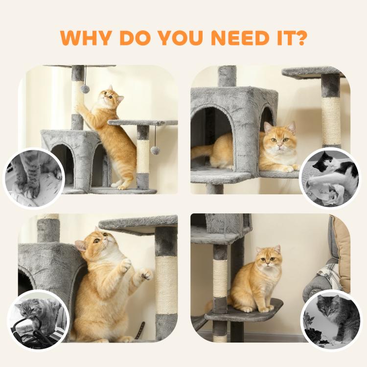 Dark gray multi-level cat tower with two condos, platforms, and sisal scratching posts